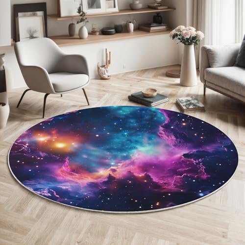 ZISTRCBAO Kosmischer Nebel Kurzflor Teppich Rund, Traumgalaxie Wohnzimmerteppich, Blau Runder Teppich 180cm Round Eingangsbereich Waschbar Weich for Wohnzimmer Schlafzimmer Studie Heimbüro von ZISTRCBAO