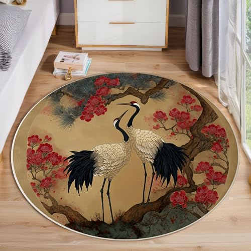 ZISTRCBAO Kranich-Kiefernzweig Teppich Für Wohnzimmer Rund, Traditioneller Chinesischer Stil Waschbarer Runder Teppich, Braun Ultradünner Niederflor-Teppiche Für Wohnzimmer Couchtisch Küche, 80cm von ZISTRCBAO