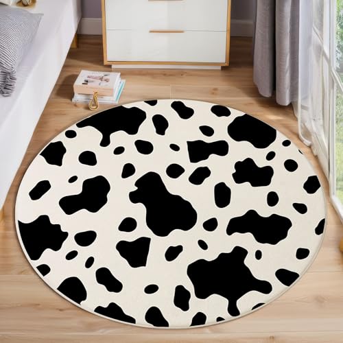 ZISTRCBAO Kuhflecken Kurzflor Teppich Rund, Tiertextur Wohnzimmerteppich, Schwarz Weiß Runder Teppich 60cm Round Eingangsbereich Waschbar Weich for Wohnzimmer Schlafzimmer Studie Heimbüro von ZISTRCBAO