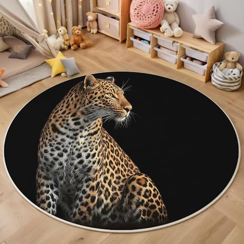ZISTRCBAO Leopard rutschfest Runder Teppich 80cm, Tierrealismus Runder Teppich Wohnzimmer, Braun Dekoration Teppiche Weich Waschbar Für Zuhause Bodenmatte Schlafzimmer Dekorativer Teppiche von ZISTRCBAO