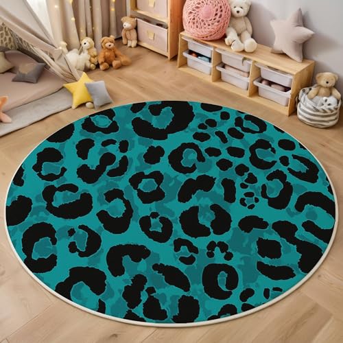 ZISTRCBAO Leopardenstruktur rutschfest Runder Teppich 160cm, Tiertextur Runder Teppich Wohnzimmer, Türkis Dekoration Teppiche Weich Waschbar Für Zuhause Bodenmatte Schlafzimmer Dekorativer Teppiche von ZISTRCBAO