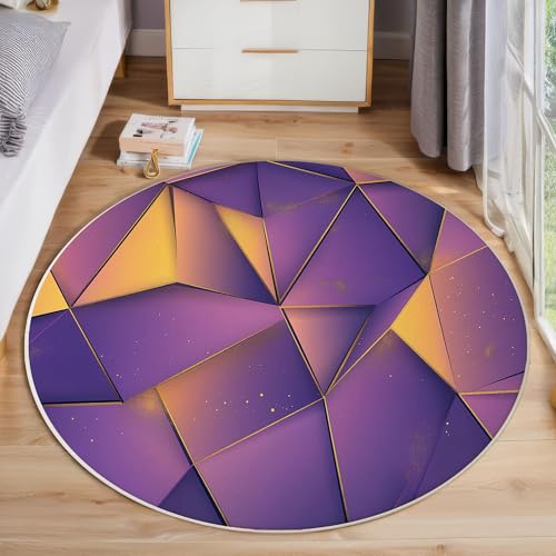 ZISTRCBAO Lila-Gold-Geometrie Kurzflor Teppich Rund, Moderne Schlichtheit Wohnzimmerteppich, Lila Runder Teppich 60cm Round Eingangsbereich Waschbar Weich for Wohnzimmer Schlafzimmer Studie Heimbüro von ZISTRCBAO