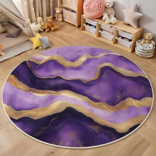ZISTRCBAO Lila-Gold-Marmor rutschfest Runder Teppich 80cm, Moderner Luxus Runder Teppich Wohnzimmer, Lila Dekoration Teppiche Weich Waschbar Für Zuhause Bodenmatte Schlafzimmer Dekorativer Teppiche von ZISTRCBAO