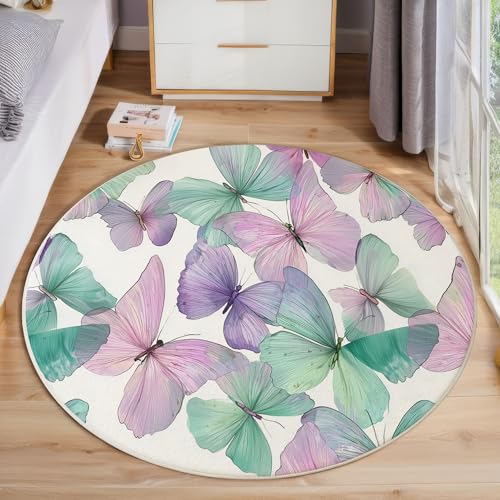 ZISTRCBAO Lila Grüner Schmetterling Runder Teppich, Aquarell Tier Runde Teppiche, Weich Waschbar rutschfest Wohnzimmer Schlafzimmer Nachttisch Restaurant Korridor Fußmatte Teppiche (80cm, Grün) von ZISTRCBAO