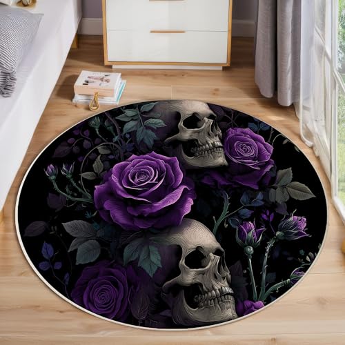 ZISTRCBAO Lila Rosenschädel Kurzflor Teppich Rund, Gotisch Wohnzimmerteppich, Schwarz Runder Teppich 180cm Round Eingangsbereich Waschbar Weich for Wohnzimmer Schlafzimmer Studie Heimbüro von ZISTRCBAO