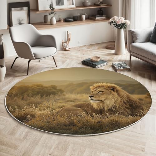 ZISTRCBAO Löwenprärie Kurzflor Teppich Rund, Vintage Tier Wohnzimmerteppich, Hellbraun Runder Teppich 100cm Round Eingangsbereich Waschbar Weich for Wohnzimmer Schlafzimmer Studie Heimbüro von ZISTRCBAO