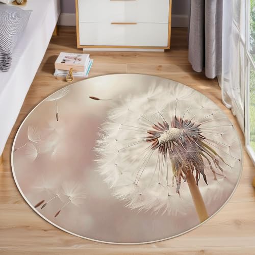 ZISTRCBAO Löwenzahn Kurzflor Teppich Rund, Pflanzenrealismus Wohnzimmerteppich, Weiß Runder Teppich 60cm Round Eingangsbereich Waschbar Weich for Wohnzimmer Schlafzimmer Studie Heimbüro von ZISTRCBAO