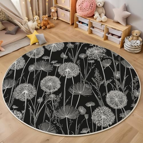 ZISTRCBAO Löwenzahn rutschfest Runder Teppich 60cm, Minimalismus Runder Teppich Wohnzimmer, Schwarz Dekoration Teppiche Weich Waschbar Für Zuhause Bodenmatte Schlafzimmer Dekorativer Teppiche von ZISTRCBAO