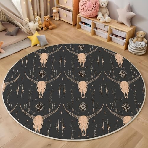 ZISTRCBAO Longhorn-Schädel Kurzflor Teppich Rund, Vintage Boho Wohnzimmerteppich, Dunkelgrau Runder Teppich 100cm Round Eingangsbereich Waschbar Weich for Wohnzimmer Schlafzimmer Studie Heimbüro ZISTRCBAO Longhorn-Schädel Kurzflor Teppich Rund, Vintage Boho Wohnzimmerteppich, Dunkelgrau Runder Teppich 100cm Round Eingangsbereich Waschbar Weich for Wohnzimmer Schlafzimmer Studie Heimbüro von ZISTRCBAO