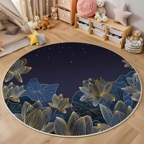 ZISTRCBAO Lotusblätter Kurzflor Teppich Rund, Aquarell Blumen Wohnzimmerteppich, Dunkelblau Runder Teppich 60cm Round Eingangsbereich Waschbar Weich for Wohnzimmer Schlafzimmer Studie Heimbüro von ZISTRCBAO