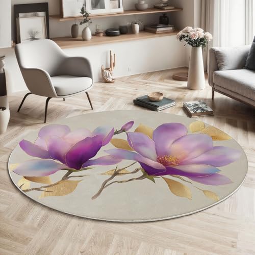 ZISTRCBAO Magnolie Kurzflor Teppich Rund, Aquarell Blumen Teppich Runder 100cm, Lila Kreis Eingangsteppich Maschine Waschbarer Teppiche Für Wohnzimmer Schlafzimmer Esszimmer Küchenakzent von ZISTRCBAO