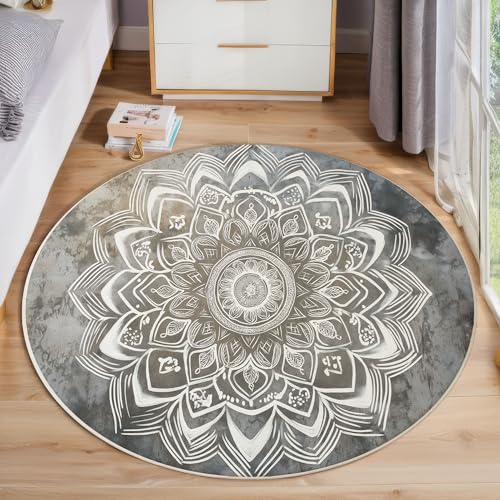 ZISTRCBAO Mandala Blumen Rund Teppich Kurzflor, Vintage Boho Ultradünner Waschbarer Runder Teppich Für Den Innen Und Außenbereich Schlafzimmer Wohnzimmer Terrasse Garten 60cm, Grau von ZISTRCBAO