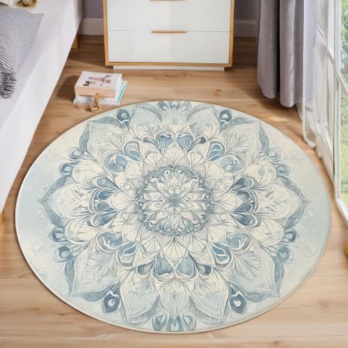 ZISTRCBAO Mandala Blumen Runder Teppich, Retro Boho Runde, Weich Waschbar rutschfest Wohnzimmer Schlafzimmer Nachttisch Restaurant Korridor Fußmatte (120cm, Hellblau) von ZISTRCBAO