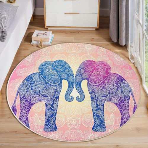 ZISTRCBAO Mandala-Elefant rutschfest Runder Teppich 180cm, Retro Boho Runder Teppich Wohnzimmer, Rosa Dekoration Teppiche Weich Waschbar Für Zuhause Bodenmatte Schlafzimmer Dekorativer Teppiche von ZISTRCBAO