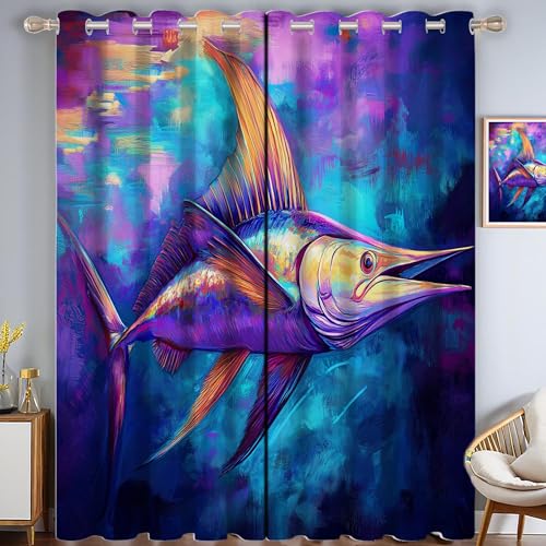 ZISTRCBAO Marlin Verdunkelungsvorhänge, Aquarell Tiere Thermisch Isoliert Fensterbehandlung Vorhänge Für Wohnzimmer Dekoration, Dunkelblau 2 Paneele H213xB137cm von ZISTRCBAO