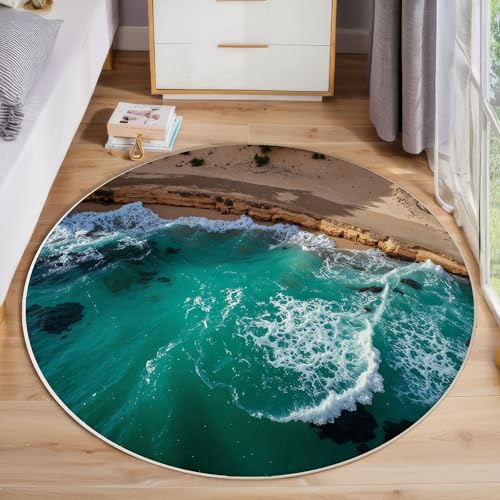 ZISTRCBAO Meer Strand Kurzflor Teppich Rund, Realistische Landschaft Wohnzimmerteppich, Blaugrün Runder Teppich 160cm Round Eingangsbereich Waschbar Weich for Wohnzimmer Schlafzimmer Studie Heimbüro von ZISTRCBAO