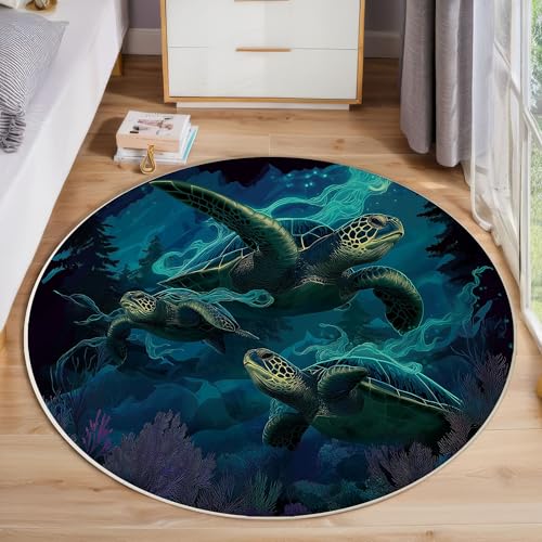 ZISTRCBAO Meeresschildkröte Tier Kurzflor Teppich Rund, Ozean-Thema Wohnzimmerteppich, Grün Runder Teppich 120cm Round Eingangsbereich Waschbar Weich for Wohnzimmer Schlafzimmer Studie Heimbüro von ZISTRCBAO