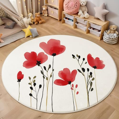 ZISTRCBAO Mohnblumen Kurzflor Teppich Rund, Aquarellblumen Wohnzimmerteppich, Rot Runder Teppich 60cm Round Eingangsbereich Waschbar Weich for Wohnzimmer Schlafzimmer Studie Heimbüro von ZISTRCBAO