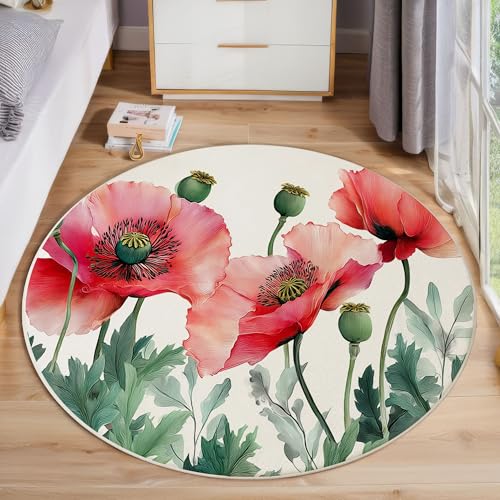 ZISTRCBAO Mohnblumen Rund Bereich Teppich 180cm, Aquarell Blumen Weich Teppich Rund, Waschbar rutschfest Wohnzimmer Teppiche Für Schlafzimmer Terrasse Garten Küchen, Rosa von ZISTRCBAO