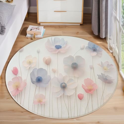 ZISTRCBAO Mohnblumen Rund Bereich Teppich 80cm, Modern Einfach Weich Teppich Rund, Waschbar rutschfest Wohnzimmer Teppiche Für Schlafzimmer Terrasse Garten Küchen, Rosa von ZISTRCBAO