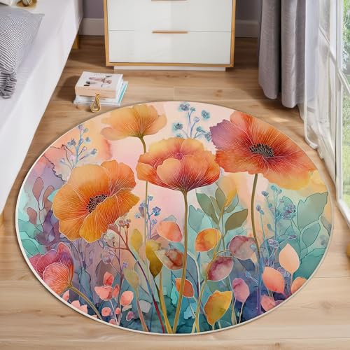 ZISTRCBAO Mohnblumen Rund Teppich Kurzflor, Aquarell Blumen Ultradünner Waschbarer Runder Teppich Für Den Innen Und Außenbereich Schlafzimmer Wohnzimmer Terrasse Garten 60cm, Orange von ZISTRCBAO