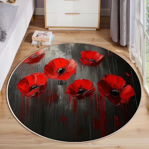 ZISTRCBAO Mohnblumen rutschfest Runder Teppich 180cm, Aquarell Blumen Runder Teppich Wohnzimmer, Rot Dekoration Teppiche Weich Waschbar Für Zuhause Bodenmatte Schlafzimmer Dekorativer Teppiche von ZISTRCBAO