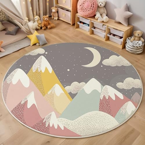ZISTRCBAO Mond Schnee Berg Kurzflor Teppich Rund, Einfache Illustration Wohnzimmerteppich, Grau Runder Teppich 120cm Round Eingangsbereich Waschbar Weich for Wohnzimmer Schlafzimmer Studie Heimbüro von ZISTRCBAO
