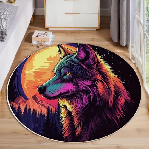 ZISTRCBAO Mond Wolf Tier Runder Teppich, Fantasy-Kunst Runde, Weich Waschbar rutschfest Wohnzimmer Schlafzimmer Nachttisch Restaurant Korridor Fußmatte (100cm, Mehrfarbig) von ZISTRCBAO