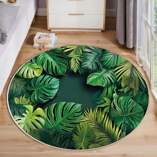 ZISTRCBAO Monstera Kurzflor Teppich Rund, Dschungelpflanze Wohnzimmerteppich, Grün Runder Teppich 100cm Round Eingangsbereich Waschbar Weich for Wohnzimmer Schlafzimmer Studie Heimbüro von ZISTRCBAO