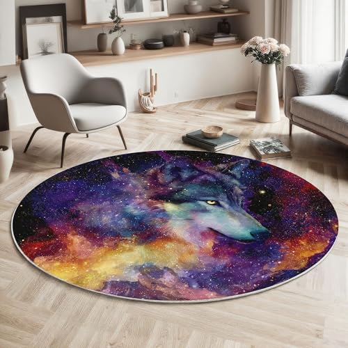 ZISTRCBAO Nebelwolf Kurzflor Teppich Rund, Fantasietier Wohnzimmerteppich, Lila Runder Teppich 120cm Round Eingangsbereich Waschbar Weich for Wohnzimmer Schlafzimmer Studie Heimbüro von ZISTRCBAO