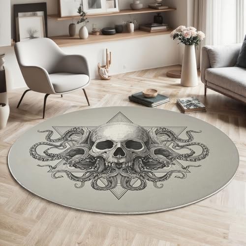 ZISTRCBAO Oktopus-Tentakel-Schädel rutschfest Runder Teppich 60cm, Gotisch Runder Teppich Wohnzimmer, Grau Dekoration Teppiche Weich Waschbar Für Zuhause Bodenmatte Schlafzimmer Dekorativer Teppiche von ZISTRCBAO