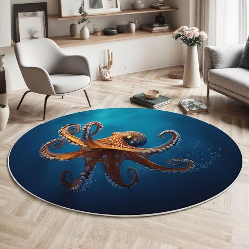 ZISTRCBAO Oktopus Tier Runder Teppich, Ozean-Thema Runde, Weich Waschbar rutschfest Wohnzimmer Schlafzimmer Nachttisch Restaurant Korridor Fußmatte (160cm, Blau) von ZISTRCBAO