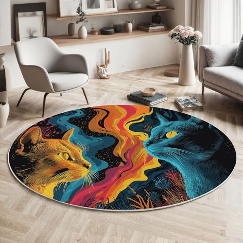 ZISTRCBAO Orange-Blaue Katze rutschfest Runder Teppich 180cm, Fantasy-Kunst Runder Teppich Wohnzimmer, Blau Dekoration Teppiche Weich Waschbar Für Zuhause Bodenmatte Schlafzimmer Dekorativer Teppiche von ZISTRCBAO