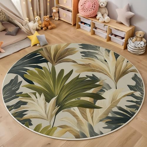 ZISTRCBAO Palmblätter Teppich Rund 80cm, Aquarellpflanzen Kurzflor Teppich Rund, Anti-Rutsch Unterseite Weich Kreisteppich Für Wohnzimmer, Schlafzimmer, Büro, Grün von ZISTRCBAO
