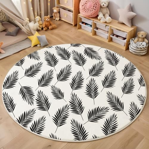 ZISTRCBAO Palmblätter rutschfest Runder Teppich 80cm, Tropische Pflanzen Runder Teppich Wohnzimmer, Schwarz Dekoration Teppiche Weich Waschbar Für Zuhause Bodenmatte Schlafzimmer Dekorativer Teppiche von ZISTRCBAO