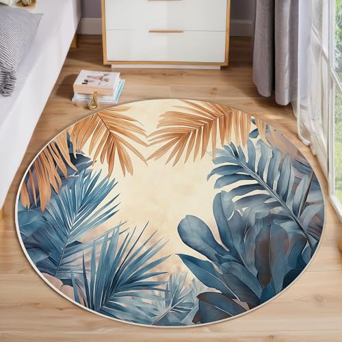 ZISTRCBAO Palmblatt Bananenblatt Runder Teppich, Retro Boho Runde, Weich Waschbar rutschfest Wohnzimmer Schlafzimmer Nachttisch Restaurant Korridor Fußmatte (80cm, Blau) von ZISTRCBAO