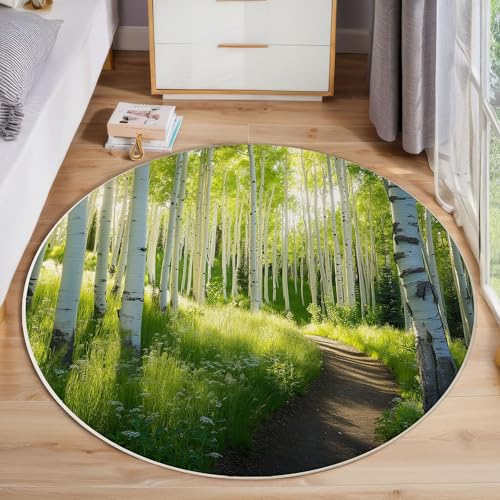 ZISTRCBAO Pappelwald Teppich Für Wohnzimmer Rund, Landschaftsrealismus Waschbarer Runder Teppich, Grün Ultradünner Niederflor-Teppiche Für Wohnzimmer Couchtisch Küche, 120cm von ZISTRCBAO