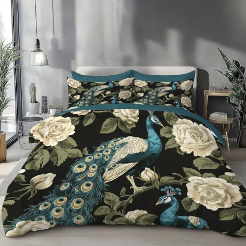 ZISTRCBAO Pfau Wende BettwäSche Set 155 x 220 cm, Vintage-Kunst BettwäSche Set 3 Teilig Blaugrün Bettbezug Mit ReißVerschluss Weiche Mikrofaser BettbezüGe Mit 2 Kissenbezug von ZISTRCBAO