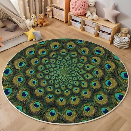 ZISTRCBAO Pfauenfeder Kurzflor Teppich Rund, Mandala Blumen Wohnzimmerteppich, Grün Runder Teppich 120cm Round Eingangsbereich Waschbar Weich for Wohnzimmer Schlafzimmer Studie Heimbüro von ZISTRCBAO