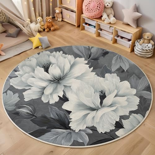 ZISTRCBAO Pfingstrose Blumen Kurzflor Teppich Rund, Aquarell-Ölgemälde Wohnzimmerteppich, Grau Runder Teppich 120cm Round Eingangsbereich Waschbar Weich for Wohnzimmer Schlafzimmer Studie Heimbüro von ZISTRCBAO