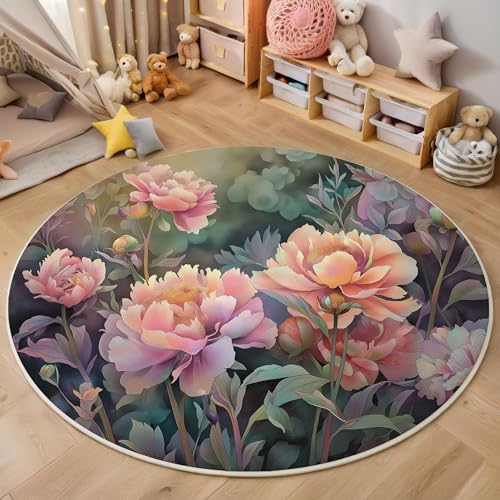 ZISTRCBAO Pfingstrose Schmetterling Kurzflor Teppich Rund, Aquarell Blumen Wohnzimmerteppich, Rosa Runder Teppich 60cm Round Eingangsbereich Waschbar Weich for Wohnzimmer Schlafzimmer Studie Heimbüro von ZISTRCBAO