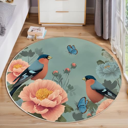ZISTRCBAO Pfingstrosen-Spatz Kurzflor Teppich Rund, Chinesischer Stil Wohnzimmerteppich, Cyan Runder Teppich 100cm Round Eingangsbereich Waschbar Weich for Wohnzimmer Schlafzimmer Studie Heimbüro von ZISTRCBAO