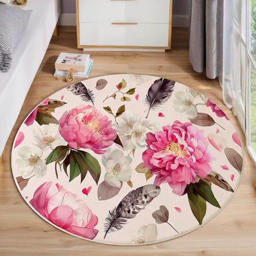 ZISTRCBAO Pfingstrosenfedern Kurzflor Teppich Rund, Aquarell Blumen Wohnzimmerteppich, Rosa Runder Teppich 60cm Round Eingangsbereich Waschbar Weich for Wohnzimmer Schlafzimmer Studie Heimbüro von ZISTRCBAO