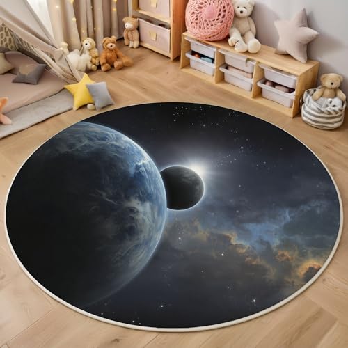 ZISTRCBAO Planet Erde Kurzflor Teppich Rund, Geheimnisvolles Universum Wohnzimmerteppich, Tiefblau Runder Teppich 60cm Round Eingangsbereich Waschbar Weich for Wohnzimmer Schlafzimmer Studie Heimbüro von ZISTRCBAO