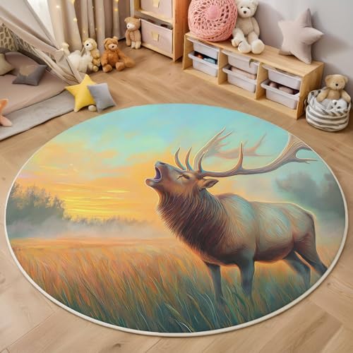 ZISTRCBAO Prärie-Wapiti Runder Teppich, Aquarell Tiere Runde, Weich Waschbar rutschfest Wohnzimmer Schlafzimmer Nachttisch Restaurant Korridor Fußmatte (160cm, Hellorange) von ZISTRCBAO