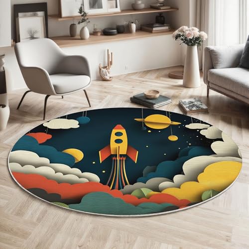 ZISTRCBAO Raketenplanet Rund Bereich Teppich 120cm, Niedlicher Cartoon Weich Teppich Rund, Waschbar rutschfest Wohnzimmer Teppiche Für Schlafzimmer Terrasse Garten Küchen, Mehrfarbig von ZISTRCBAO