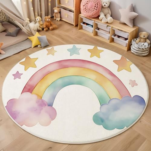 ZISTRCBAO Regenbogen Sterne Wolken Runder Teppich, Niedliches Aquarell Runde Teppiche, Weich Waschbar rutschfest Wohnzimmer Schlafzimmer Nachttisch Restaurant Korridor Fußmatte Teppiche (180cm, Rosa) von ZISTRCBAO