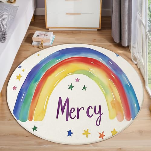 ZISTRCBAO Regenbogensterne Runder Teppich, Aquarell Einfach Runde Teppiche, Weich Waschbar rutschfest Wohnzimmer Schlafzimmer Nachttisch Restaurant Korridor Fußmatte Teppiche (80cm, Weiß) von ZISTRCBAO