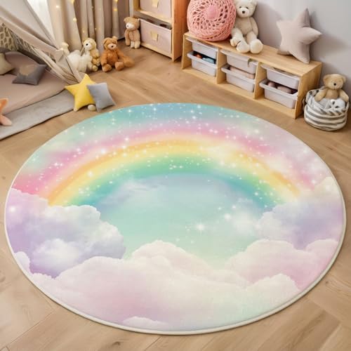ZISTRCBAO Regenbogenwolken Runder Teppich, Süß Verträumt Runde Teppiche, Weich Waschbar rutschfest Wohnzimmer Schlafzimmer Nachttisch Restaurant Korridor Fußmatte Teppiche (120cm, Rosa) von ZISTRCBAO