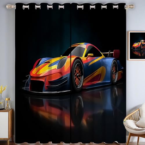 ZISTRCBAO Rennsport-Drucke Verdunkelungsvorhänge, Cartoon-Gekritzel Thermisch Isoliert Fensterbehandlung Vorhänge Für Wohnzimmer Dekoration, Schwarz 2 Paneele H160xB80cm von ZISTRCBAO